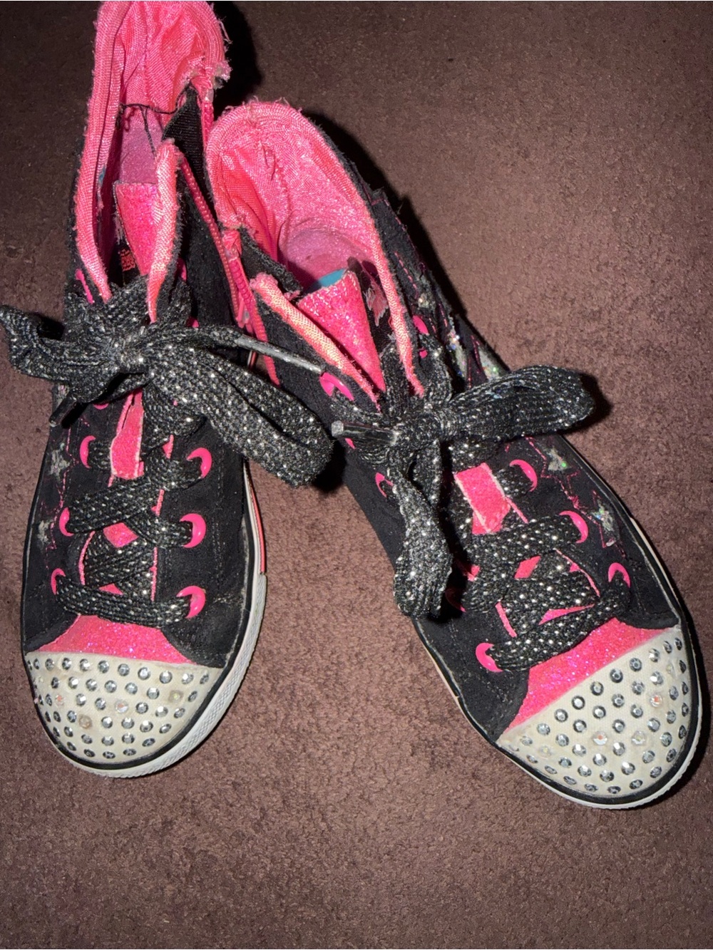 Girls Sketchers Black and Hot Pink Rhinestone High-Top Sneakers